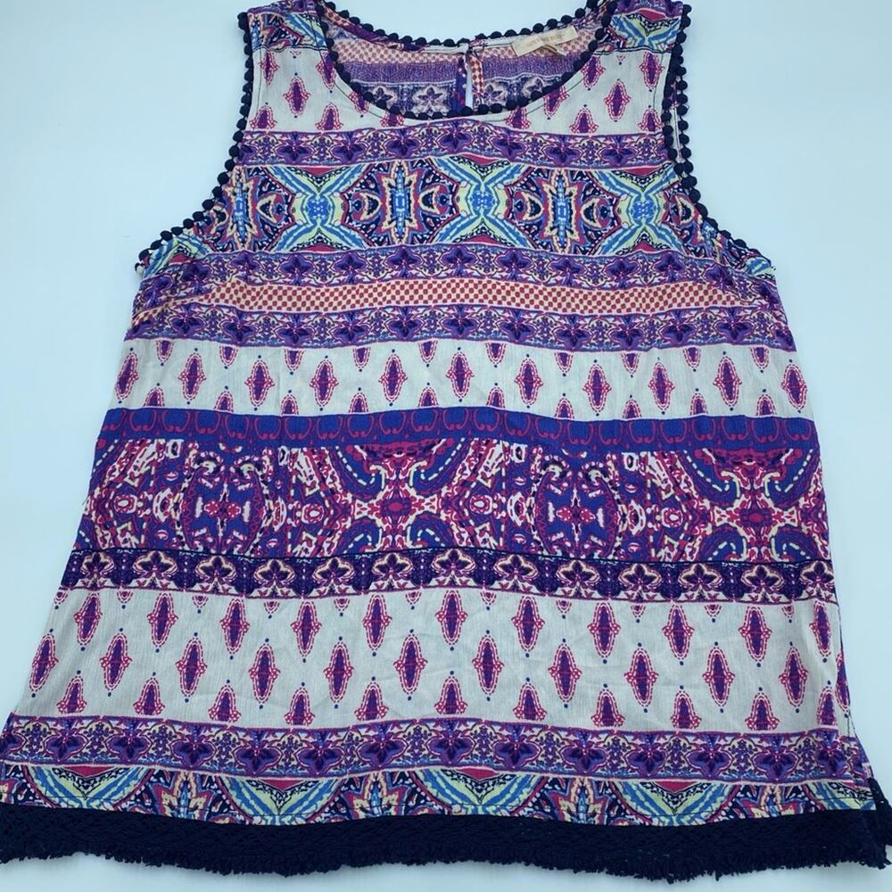 Skies Are Blue Tank Top Bohemian Print Lace Edging Pink & Blue- Large